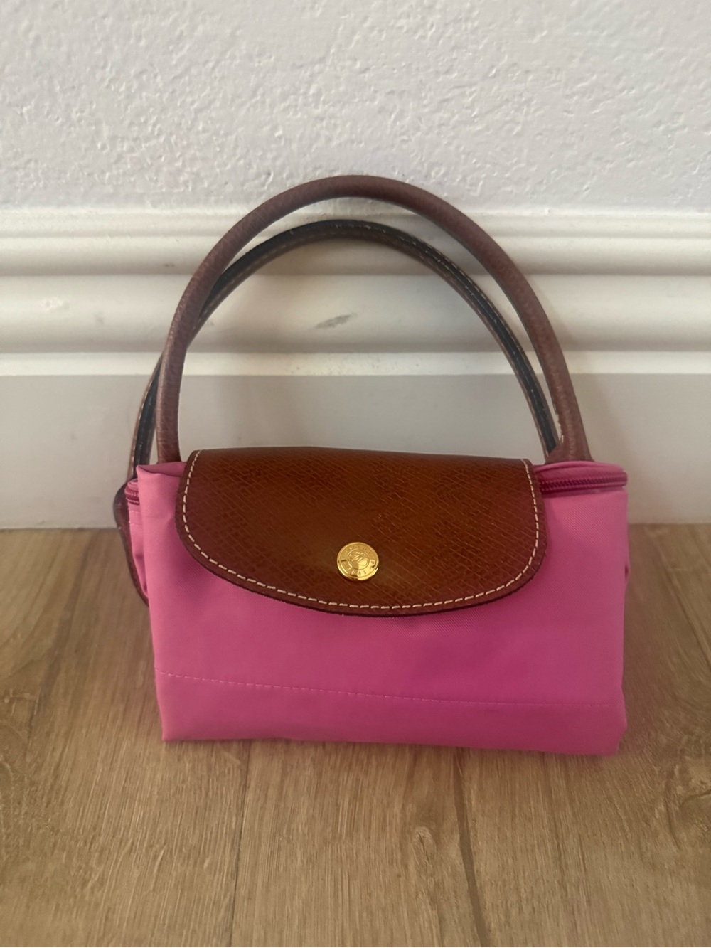 Longchamp LE PLIAGE ORIGINAL S HANDBAG Pink Canvas Snap Zip Tote Purse French - Picture 2 of 14